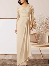 preiswerte Bodenlänge-Säule  Kolonne Mutter der Braut Kleid Hochzeitsgast Elegantes Hoher Schlitz V-Ausschnitt Bodenlanges Chiffon 3/4 Länge Ärmel mit Rüschenapplikationen Raffung