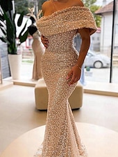 preiswerte Sekt-goldenes Meerjungfrau-Abendkleid mit Pailletten, elegantes, formelles, bodenlanges, ärmelloses, schulterfreies Maskenballkleid 2025