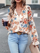 billige Boho topper-Dame Boho skjorte Bluse Blomsternål i krystall Moderne Bohem Langermet V-hals Vanlige topper Daglig Ut på byen Trykt mønster Svart Navyblå Blå Aprikos Sommer
