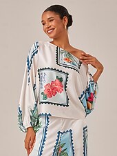 お買い得  ブラウス＆シャツ-女性用 女性 ブラウス フラワー 幾何学模様 果物 カジュアル 祝日 デイリーウェア パフスリーブ ホワイト ワンショルダー 長袖 エレガント 旅行度假风 カジュアル 普段着 ワンショルダー 夏 春 秋