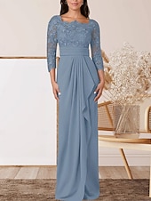 levne Délka podlahy-Sloupec  Sloupové šaty matky nevěsty Svatební Host Elegantní Čtvercový Krk Délka Podlahy Chiffon Krajka 3/4 Dlouhý Rukáv s Krajkovým Páskem  Stuhou Krepováním