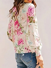 voordelige Bloemen Blouses-Dames Overhemd Afdrukken Bloemig Tropisch Stijlvol Casual Lange mouw Strakke ronde hals Normale tops Dagelijks Wit Blozend Roze Groen Zomer Lente