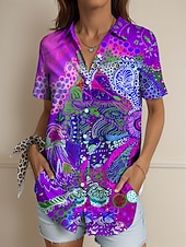 abordables Hauts d&#039;Art et de Design pour Femmes-Femmes Chemise Graphique Géométrique Abstrait ancien Tropical Quotidien Manche Courte Col de chemise Hauts Réguliers Quotidien Rouge Bleu Violet Vert Été Printemps