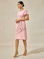 abordables Robes moulantes de soirée-Femmes Robe Midi Robe à Plusieurs Couches Élégant Formel Papillon robe demoiselle d honneur Cocktail Coupe régulière Uni Manche Courte Col ras du cou Rose poussiéreuse Été