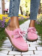 cheap Women&#039;s Clogs &amp; Mules-Women&#039;s Soft Sole Moccasin Mules– Pink Loafers with Fringed Detail, Lightweight Slip-On Design with Cutouts, Perfect for Garden Strolls and Casual Outings