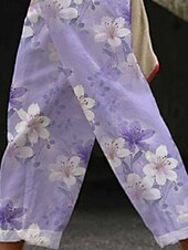 cheap Graphic Cotton Linen Pant-Women&#039;s Linen-Inspired Pants Cropped Pants Harem Pants Streetwear Boho Ankle-Length Mid Waist Flower Elastic Waist Breathable Comfortable Micro-elastic Outdoor Daily Wear Purple Summer Regular Fit