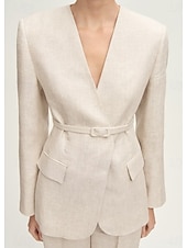 cheap Mom&#039;s Pant Suits-Collarless Blazer Two Piece Pantsuit Pantsuit Linen Blended Mother of the Bride Pantsuit Elegant Simple Minimalist V Neck Floor Length Long Sleeve with Solid Color 2025