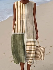 abordables Robes Rayés et Géométriques-Femmes Robe Midi Robe d&#039;Été Robe trapèze Vacances Occasionnel Boho Sortir Fleuri Graphique Sans manches Col Rond Blanche Bleu Vert Kaki Été Printemps