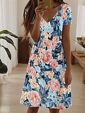 abordables Robes fleuries-Femmes Mini Robe Robe T-Shirt Robe d&#039;Été Robe trapèze Robe d&#039;été Vacances Occasionnel Quotidien Fête du thé Sortir Coupe régulière Fleuri Graphique Manche Courte Col en V Vert Claire Bleu Bleu Ciel