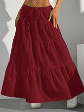 preiswerte Schlichte Röcke-Damen Rock Schwingend Mode Maxi Mittlere Hüfthöhe Röcke Einfach Gerafft Kordelzug Mikroelastisch Urlaub Ausgehen Schwarz Weiß Rot Braun Sommer Polyester