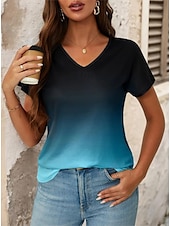 ieftine tricou Art &amp; Design-Pentru femei Tricou Grafic Gradiant Epocă Stilat Clasic Manșon scurt În V Topuri obișnuite Zilnic Imprimeu Negru Roșu-aprins Albastru piscină Vară Primăvară