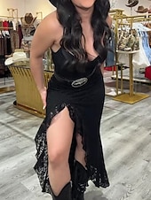 abordables Robes Bohémiennes-Femmes Robe Midi Robe bohème Robe occidentale Mode Classique Moderne Vacances Fête Sortir Coupe régulière Uni Sans manches Col en V Noir Été