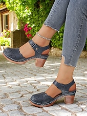 cheap Block Heel Pumps-Women's Cutout Faux Leather Block Heel Sandals with Adjustable Strap – Comfort Shoes for Daily Commute, Garden Party, Farmers Market &amp; Boho Summer Outings