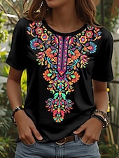billige Boho t-skjorte-Dame T skjorte Blomstret Grafisk Planter Årgang Stilfull Klassisk Kortermet Crew-hals Vanlige topper Daglig Helg Trykt mønster Svart Hvit Sommer