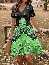 ieftine Rochii boho-Rochie mini pentru femei, rochie tip tricou, rochie de vară, rochie de vacanță, casual, boho, zi de zi, ieșire în oraș, croială regulată, model paisley, mânecă scurtă, decolteu în V, albastru, violet,