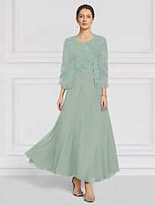 baratos Com jaqueta-Vestido de mãe da noiva em renda floral queimada azul-celeste, duas peças, corte A, elegante, simples e minimalista, decote canoa, comprimento até o chão, chiffon, manga 3/4, com jaqueta 2025