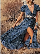 tanie Sukienki boho-Damskie Sukienka maxi Codzienne sukienki Elegancki Dopasowana Nadruk Krótki rękaw W serek Niebieski Fioletowy Brązowy Zielony Lato