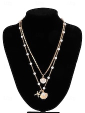 cheap Women&#039;s Necklace-Women&#039;s Summer Beach Necklace with Pearl, Shell and Starfish Charms – Gold-Plated Layered Necklace for Vacation, Casual Outfits and Special Occasions