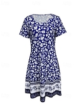 ieftine Rochii Boho-Pentru femei Rochie Mini Rochie florala Rochie Boho Clasic În aer liber Vacanță Zilnic Fit regulat Floare Manșon scurt Stil Nautic Albastru piscină Vară