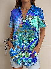 abordables Hauts d&#039;Art et de Design pour Femmes-Femmes Chemise Graphique Géométrique Abstrait ancien Tropical Quotidien Manche Courte Col de chemise Hauts Réguliers Quotidien Rouge Bleu Violet Vert Été Printemps