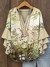 billige Blomstrete topper-Dame Bluse Nyanse Blomstret Grafisk Elegant Bohem Etnisk 3/4 ermer V-hals Vanlige topper Daglig Ferie Ferieklær Trykt mønster Gul Rosa Blå Lilla Grønn Sommer Vår Høst