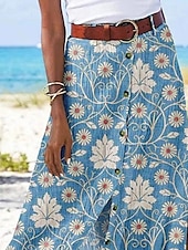 abordables Jupes graphiques-Femmes Jupe Occasionnel Boho Maxi Taille Basse Jupes Fleuri Imprimé Fendu Micro-Élastique Vacances Rue Bleu Été Polyester