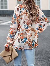 billige Boho topper-Dame Boho skjorte Bluse Blomsternål i krystall Moderne Bohem Langermet V-hals Vanlige topper Daglig Ut på byen Trykt mønster Svart Navyblå Blå Aprikos Sommer