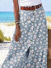 billiga Grafiska kjolar-Dam Kjol Ledigt Boho Maxi Mellanhög midja Kjolar Blommig Mönster Kluvna toppar Microelastisk Gata Utekväll Himmelsblå Sommar Polyester
