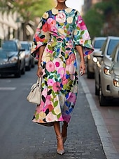billiga Eleganta blommiga klänningar-Dam Midiklänning Blommig klänning Klänning med tryck Mode Klassisk Modern Semester Dagligen Helgdag Normal Blomma Halvlång ärm Rund hals Gul Rodnande Rosa Blå Sommar