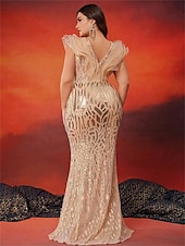 baratos Champanhe-Vestidos Sereia  Trompete Plus Size Vestido Elegante Curvas Formal Casamento Comprimento do Chão Sem Mangas Decote em V Com Lantejoulas com Lantejoulas