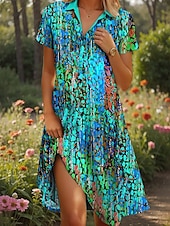 ieftine Rochie Artă și Design-Pentru femei Rochii Midi Rochie A line Rochie de vară Vacanță Casual Stiluri de Plajă Dată Rochie de vară Fit regulat Grafic Geometric Abstract Manșon scurt Rever Galben Roșu-aprins Albastru piscin