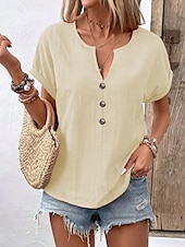 economico Top Semplici da Donna-Per donna Blusa Tinta unica Semplice Elegante Vintage Casual Manica Corta Scollo a V Collo a V Top Regolari Quotidiano Ferie Bottoni Bianco Rosso Blu marino Arancione Beige Estate Primavera