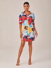 billiga tryck avslappnad klänning-satin konstnärlig stilleben tryck maxi skjortklänning