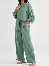 abordables Ensembles-Femmes Actif Mode Chemises en coton et lin Ensembles en coton et lin Chemisier manche longue Col de chemise Couleur Unie Dubbele Rij Knopen Fête Décontracté Quotidien Noir Ivoire Vin Été Coupe