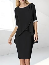preiswerte Teelänge-Strandhochzeit Etuikleid Mutter der Braut Kleid Hochzeitsgast Eleganter Juwelenausschnitt Teelänge Chiffon halblangärmelig mit Perlen-Raffung