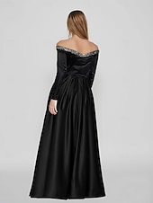 abordables NOIR-Robe de soirée A-Line noire robe formelle de masquerade traîne balayée  traîne brossée manches longues hors épaule en satin avec perles fente