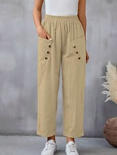 abordables Pantalon uni en coton et lin-Femmes Pantalon en coton et lin Slacks Mode Streetwear Longueur complète Naturel Uni Avec Poches Taille Élastique Confortable Sortir Week-end Chameau Noir Rose Bleu Été Coupe régulière