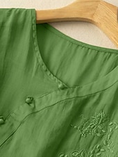 billige Skjorter-Dame Skjorte Bluse Skjorter i bomullslin Helfarge Stilfull Fritid 3/4 ermer Crew-hals Vanlige topper Daglig Broderi Knapper Gul Rød Lilla Grønn Sommer Vår