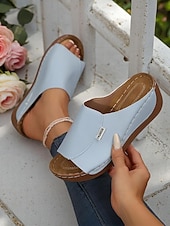 cheap Comfort Sandals-Women’s Light Blue Wedge Sandals – Open-Toe Slip-On Sandals with Soft Sole for Garden Walks and Summer Casuals