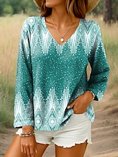 billige Kvinne Boho Topper-Dame Bluse Grafisk Geometrisk Årgang Tropisk Stilfull Langermet V-hals Vanlige topper Daglig Blå Lilla Grønn Grå Sommer Vår