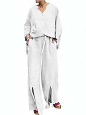 abordables Ensembles-Femmes Actif Basique Ensembles en coton et lin manche longue Col en V Couleur Unie Décontracté Quotidien Noir Blanche Jaune Été Coupe régulière