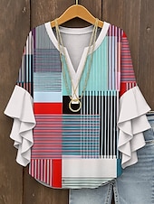 tanie Damskie topy w paski i geometryczne-Damskie Bluzka Graficzny Geometryczny Kratka Zabytkowe Codzienny Elegancki Rękaw 3/4 W serek Zwykłe topy Codzienny Święto Ubrania wakacyjne Falbana Nadruk Żółty Czerwony Niebieski Fioletowy Zielony