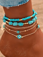 billiga Damarmband-fotlänksset i turkos och guld för kvinnor | strandinspirerade fotlänkar med onda ögonberlocker och stendetaljer | perfekt för sommar-, bohemisk och semesterstil