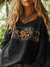 halpa Boho-topit-Naisten länkkäripaita boheemi paitapusero kukkakuvio moderni rento pitkähihainen v-aukkoinen normaali topit päivittäin juhla bile printti musta fuksia oranssi aprikoosi harmaa kesä syksy