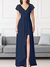 economico Abiti da damigella-Abito da damigella a trapezio, scollo a V, maniche lunghe, elegante, strascico a ruota in chiffon con pieghe e volant 2025