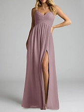 baratos Vestidos para Madrinhas-Vestido de dama de honra em corte A, decote em V / alças finas, sem mangas, elegante, longo, chiffon com pregas / frente aberta / franzido 2025