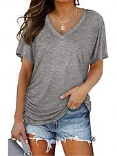 billige Plain t-skjorte-Dame Bluse Helfarge Stilfull Fritid Kortermet V-hals Vanlige topper Daglig Hvit Rosa Lilla Grå Sommer