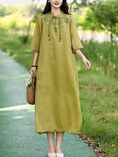 ieftine Rochii-Pentru femei Rochii Midi Rochie din in bumbac Rochie florala Modă Modern Vacanță Zilnic Concediu Fit regulat Floare Manșon Jumate Guler de stand Roz Îmbujorat Albastru piscină Trifoi Caisă Vară
