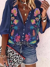 billige Blomstrete topper-Dame Bluse Blomstret Grafisk Bohem Daglig Fritid 3/4 ermer Høyhalset Vanlige topper Rynket Broderi Knapper Navyblå Lilla Sommer Vår