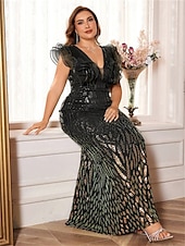 baratos Champanhe-Vestidos Sereia  Trompete Plus Size Vestido Elegante Curvas Formal Casamento Comprimento do Chão Sem Mangas Decote em V Com Lantejoulas com Lantejoulas
